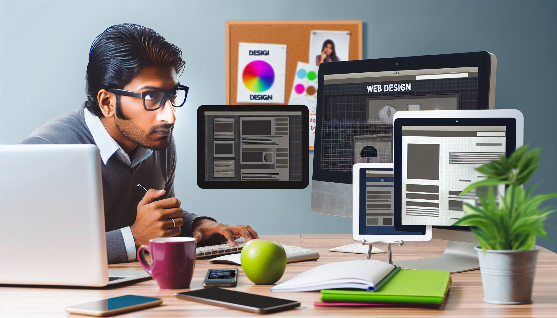 A designer studying the latest web design trends on multiple devices