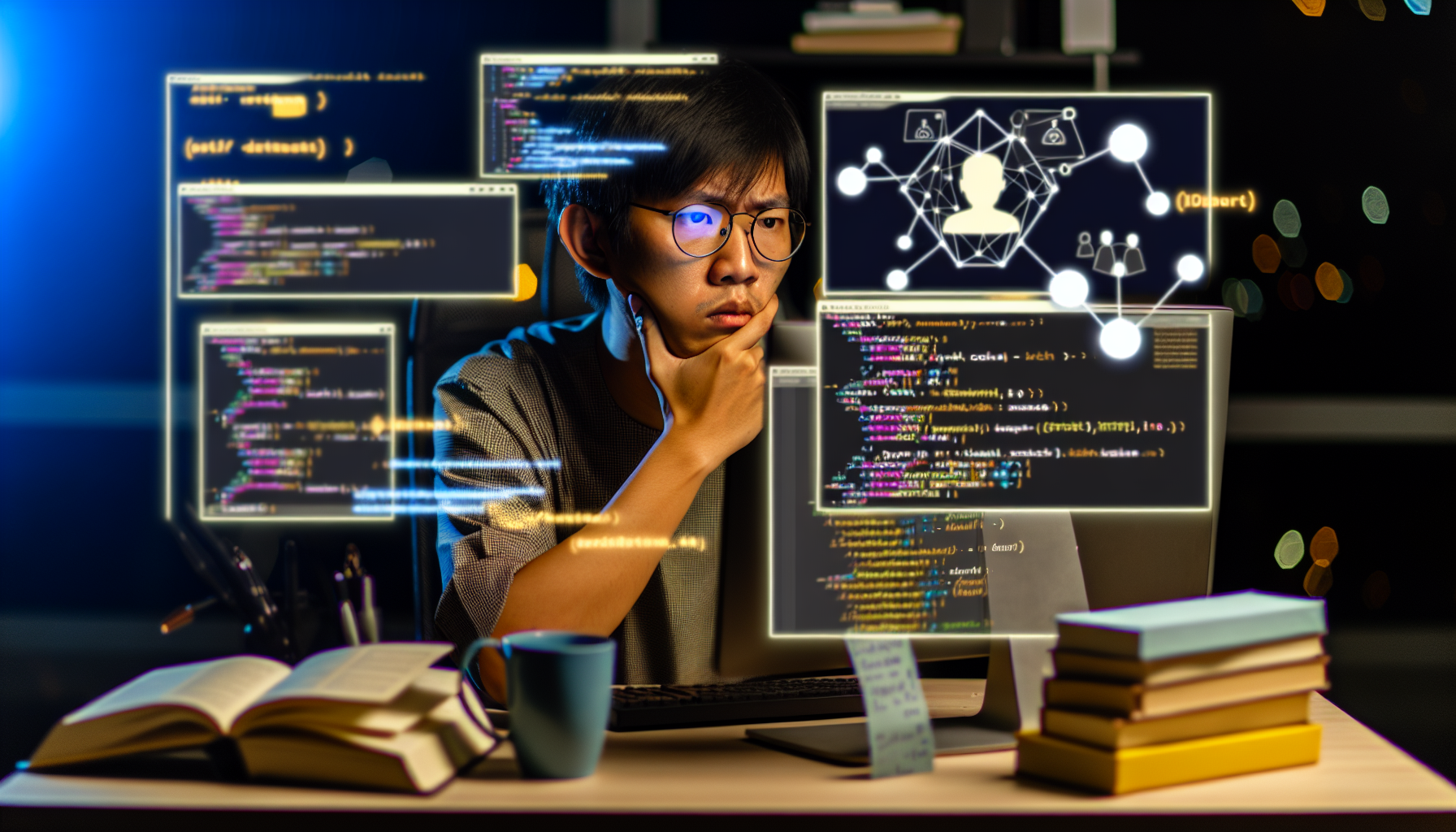 A developer pondering over code with AI-driven suggestions on the screen