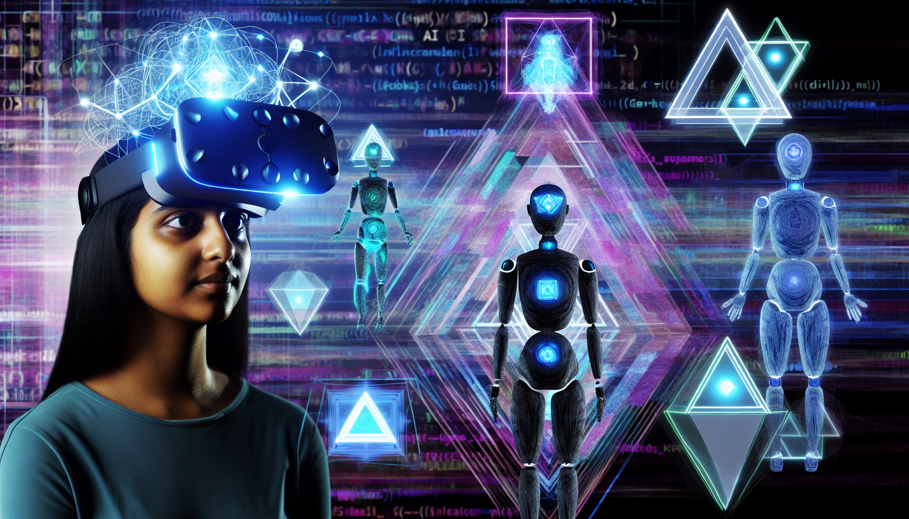 Dynamic image showcasing VR gameplay and AI elements in game design.