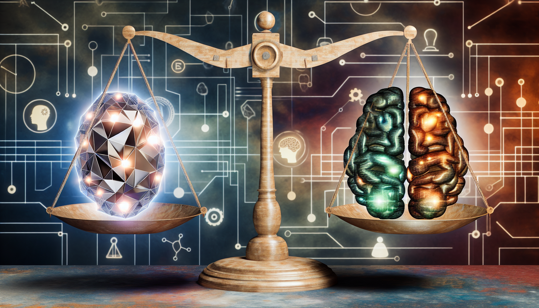 Ethical considerations in AI with a balance scale depicting AI and human roles