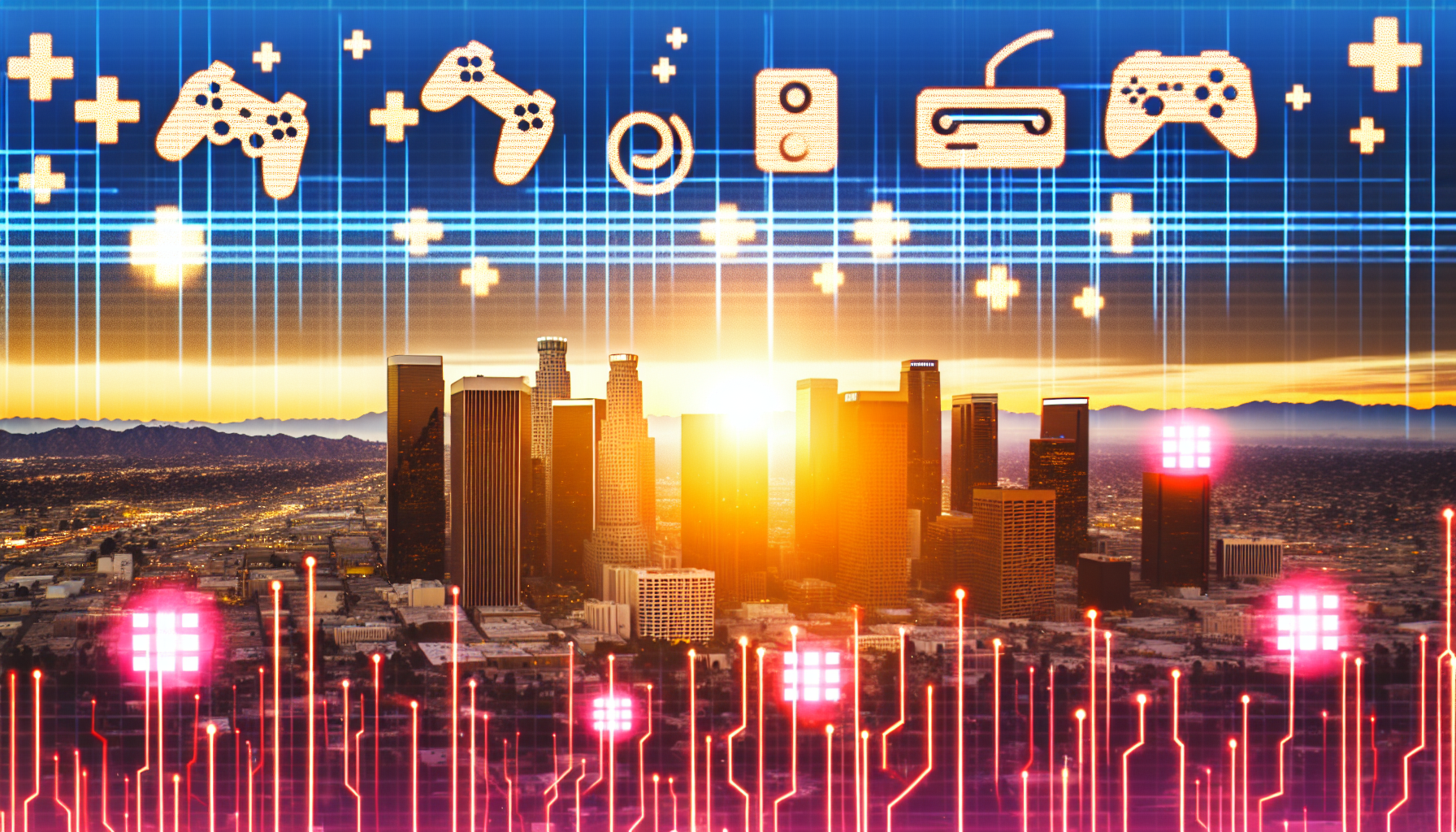 Header image showcasing a vibrant Los Angeles skyline with game development icons.