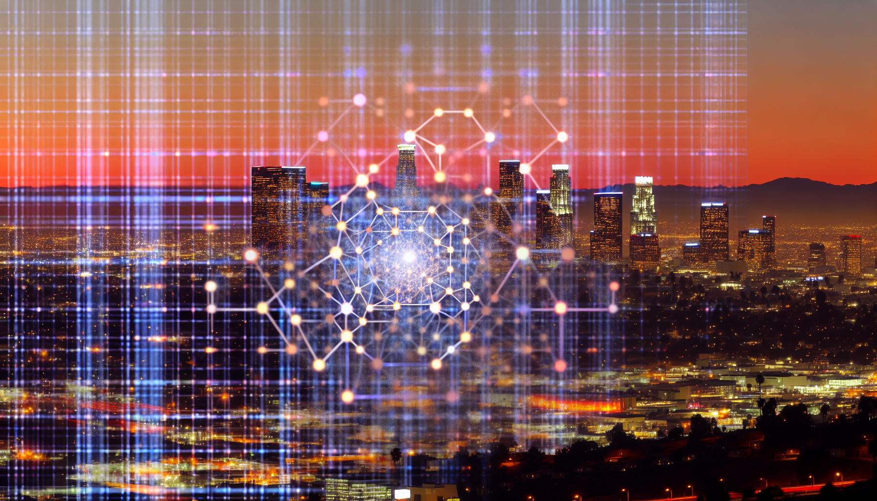 A skyline view of Los Angeles with a digital overlay representing quantum encryption