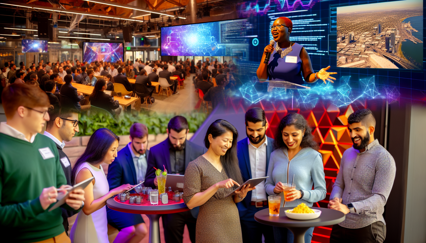 A bustling tech networking event in Los Angeles