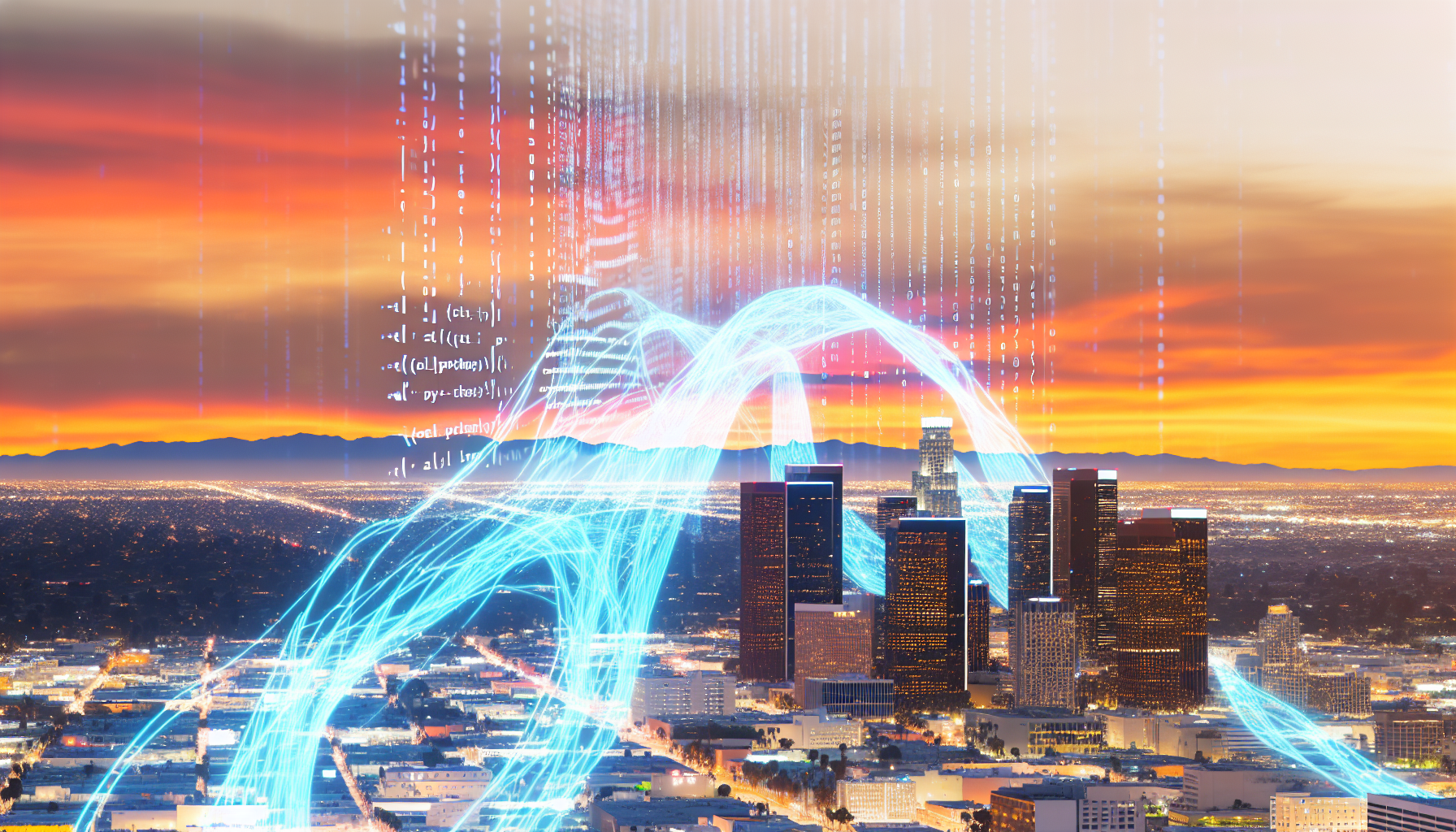A bustling Los Angeles skyline with code overlay symbolizing Python automation integration