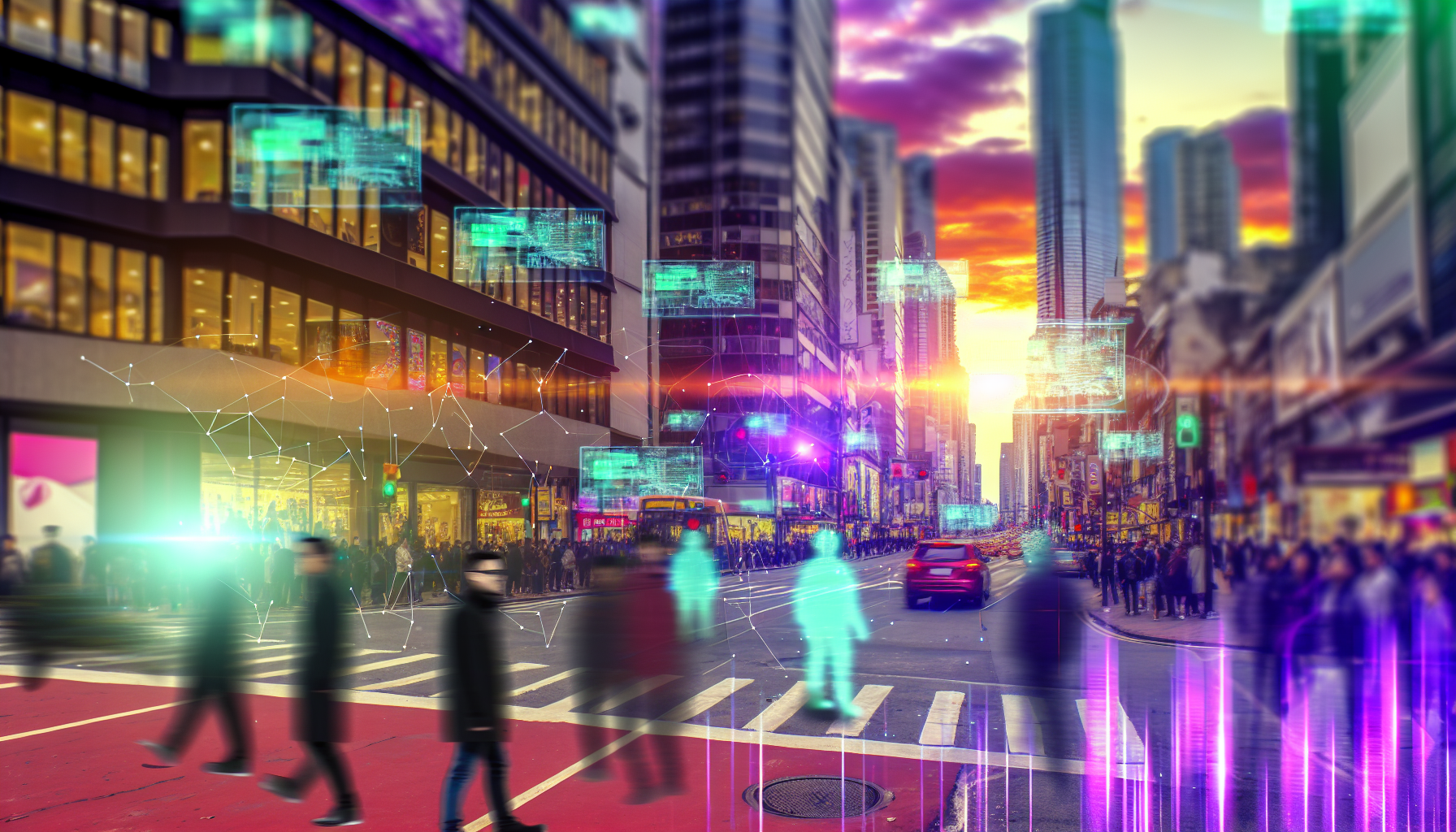 A bustling street in Los Angeles with augmented reality overlays
