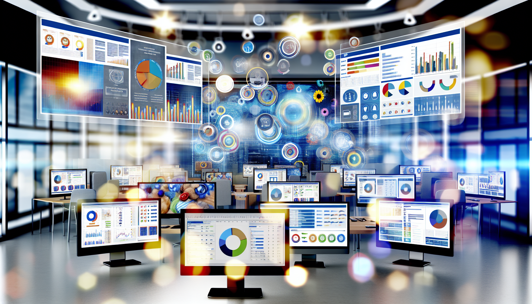 A vibrant and dynamic workspace with multiple screens displaying marketing analytics and project management dashboards.