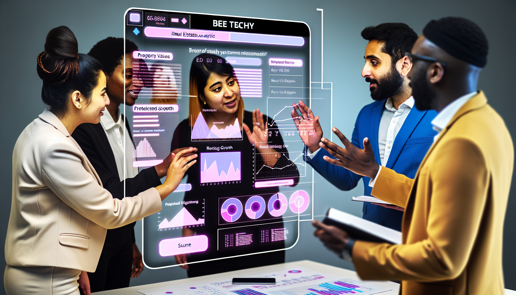Bee Techy team members collaborating over a high-tech real estate analytics dashboard