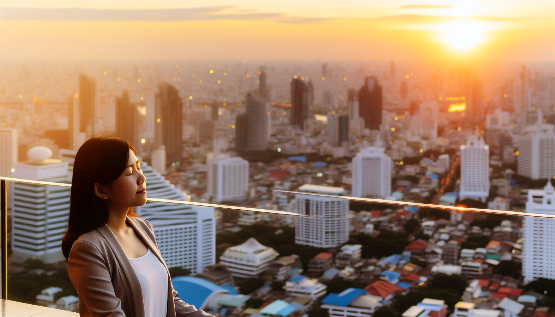Calm professional enjoying a moment of mindfulness overlooking the LA skyline