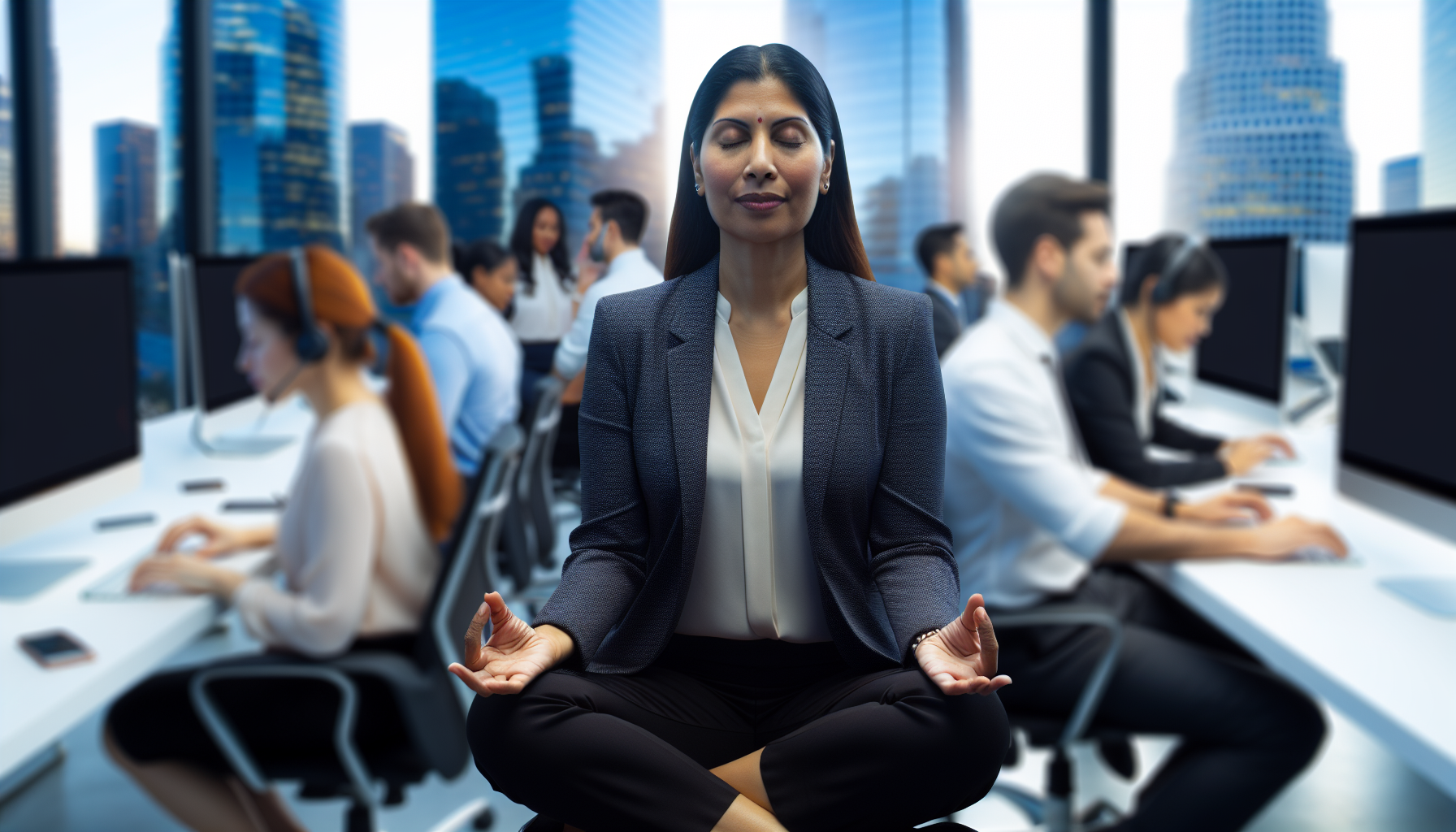 Professional meditating in a busy Los Angeles office