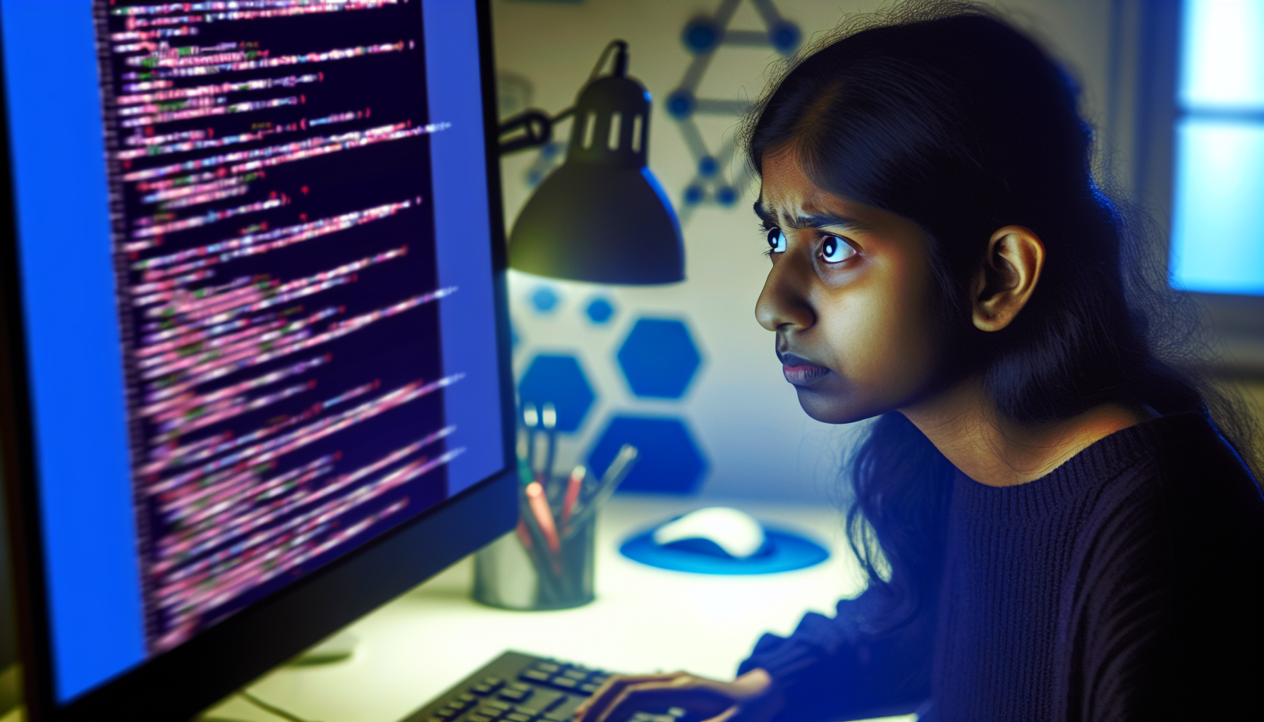 A young developer contemplating code on a computer screen, symbolizing the struggle and focus needed to overcome challenges