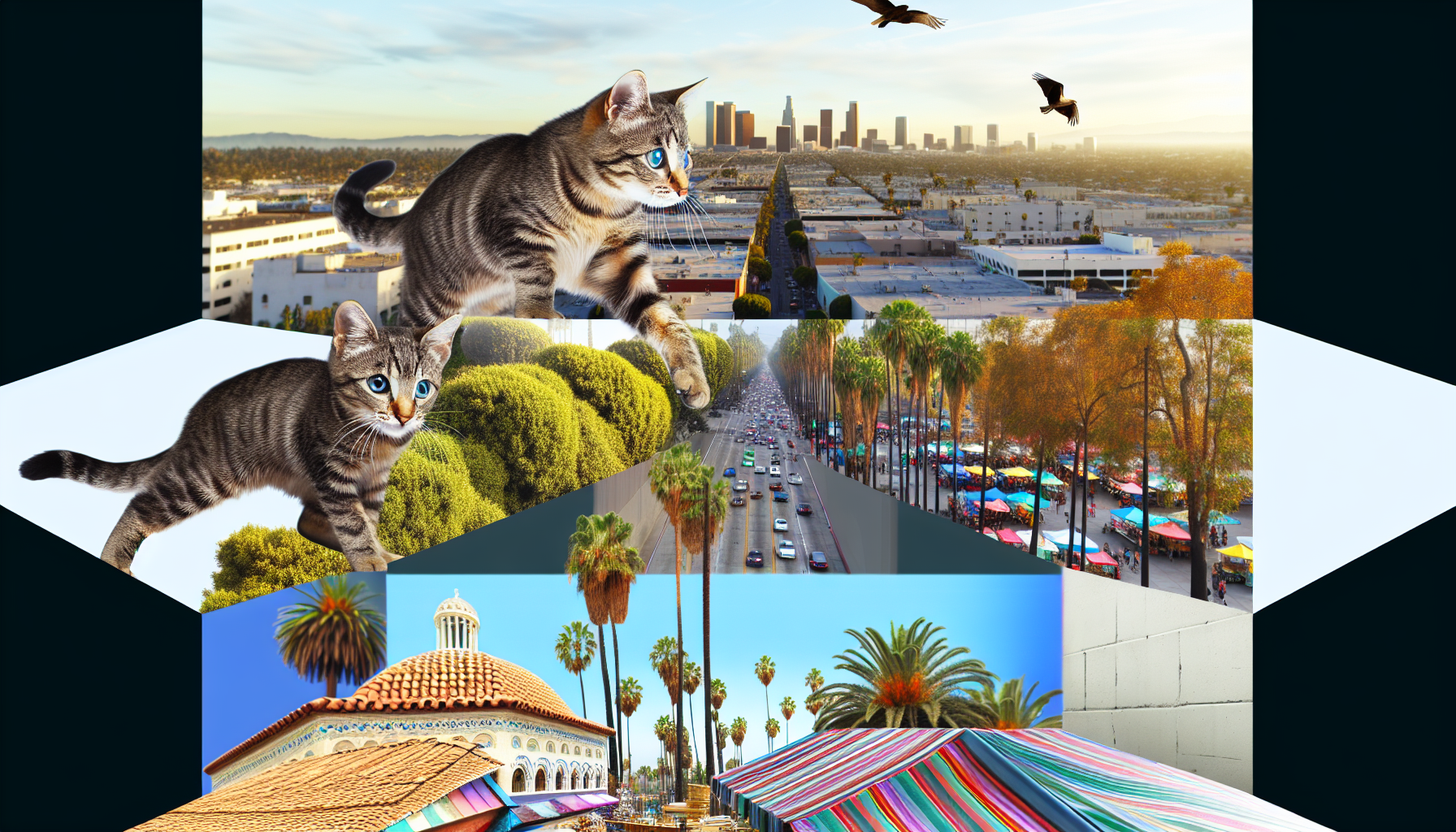An AI-generated image of a cat engaged in a whimsical adventure, showcasing the potential of AI storytelling in Los Angeles