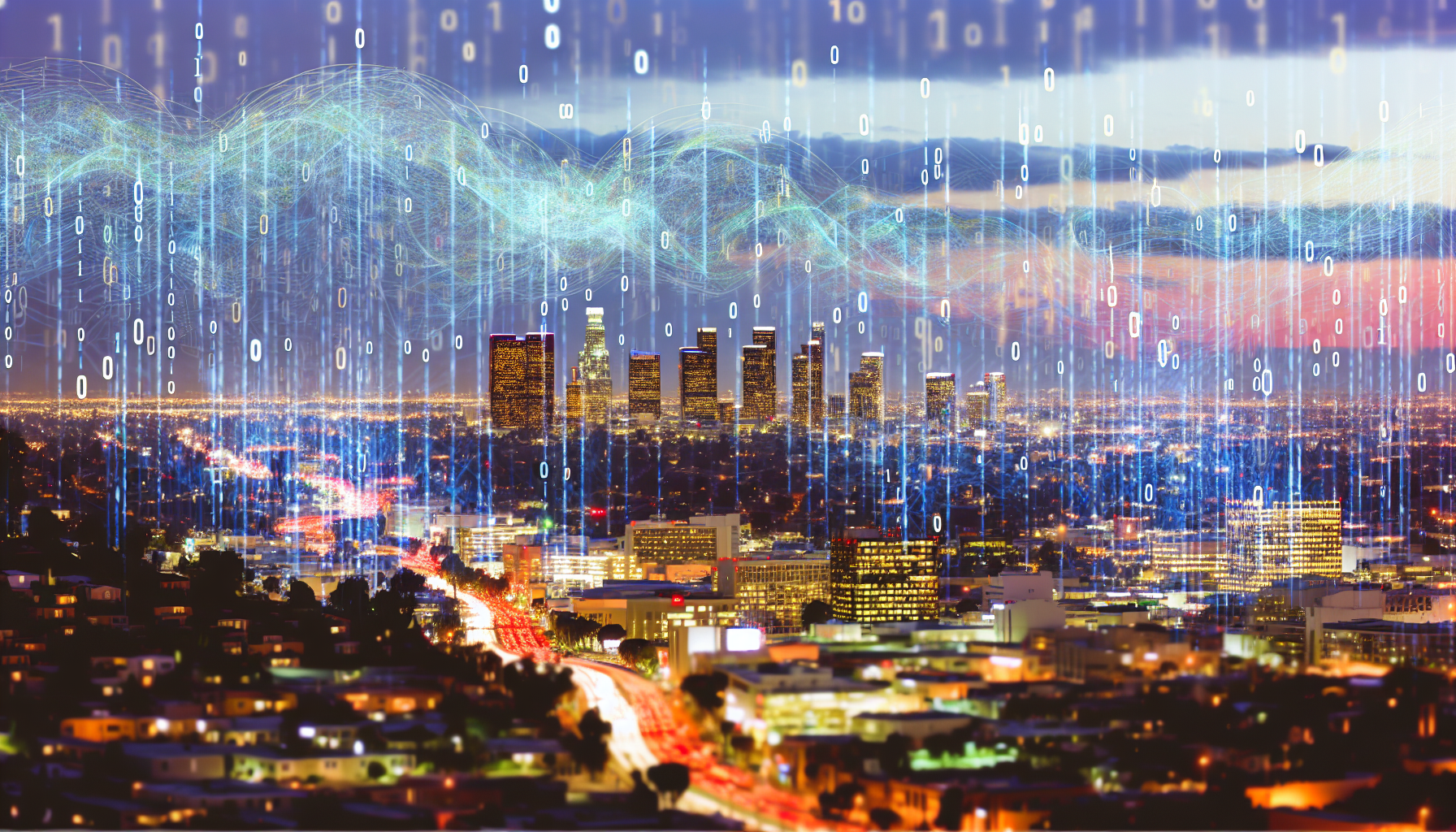 Los Angeles Skyline with Overlaid Code Symbolizing AI Development