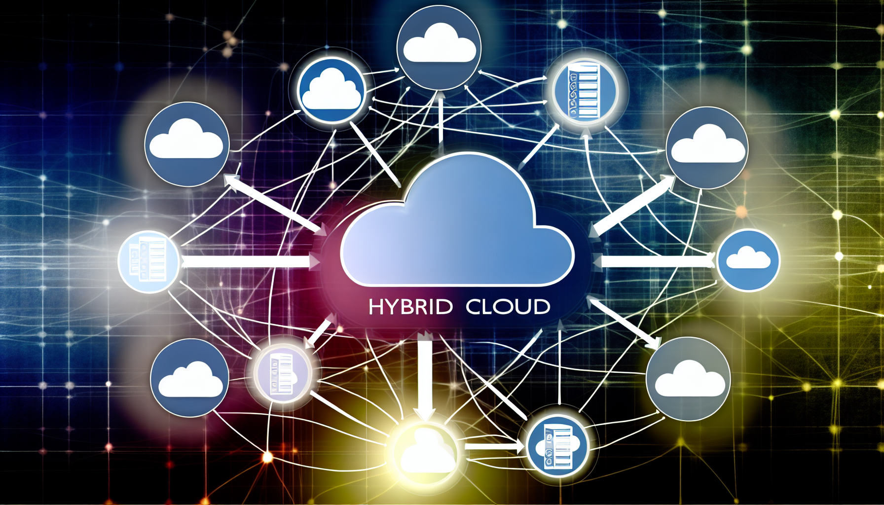 A vibrant graphic illustrating the interconnected nature of hybrid cloud solutions