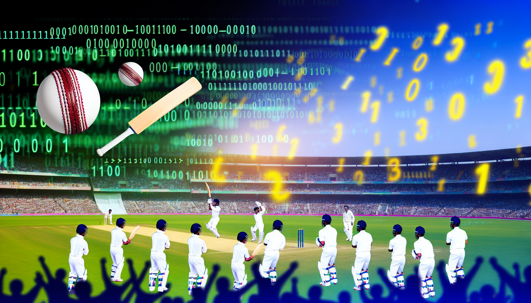 A cricket match with coding elements overlaid, symbolizing the fusion of cricket and coding