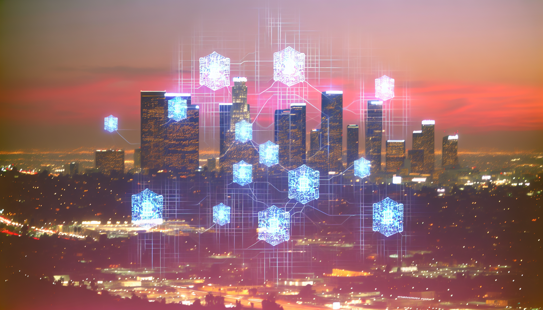 Los Angeles skyline with a digital overlay representing blockchain technology