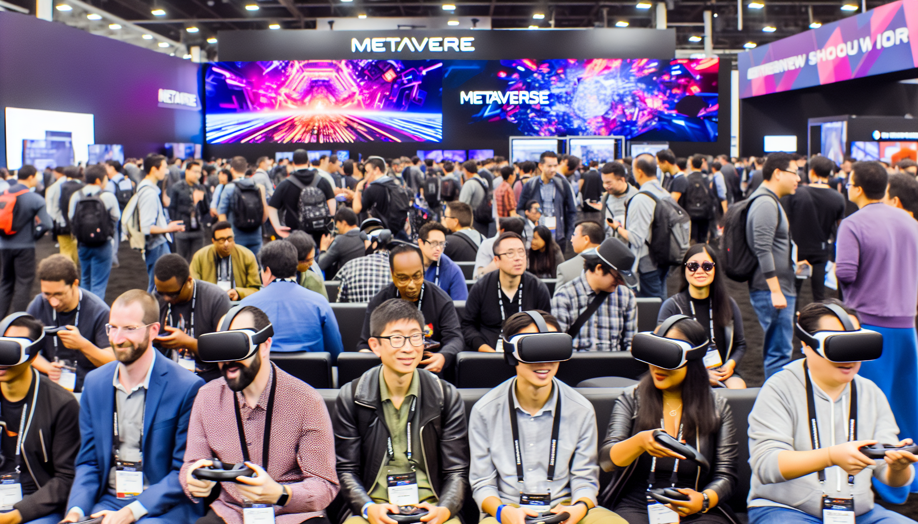 A bustling Los Angeles event showcasing Metaverse 2024 trends with attendees engaging in virtual experiences