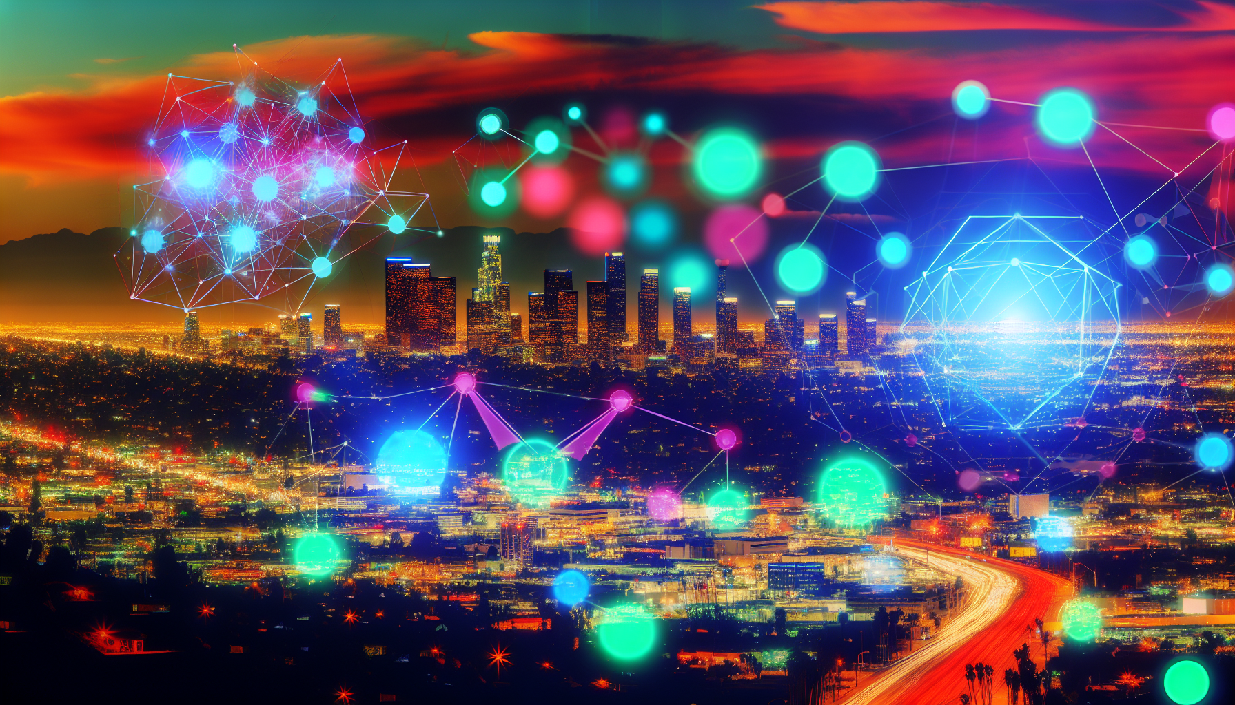 A skyline of Los Angeles with superimposed digital elements representing the future of web development