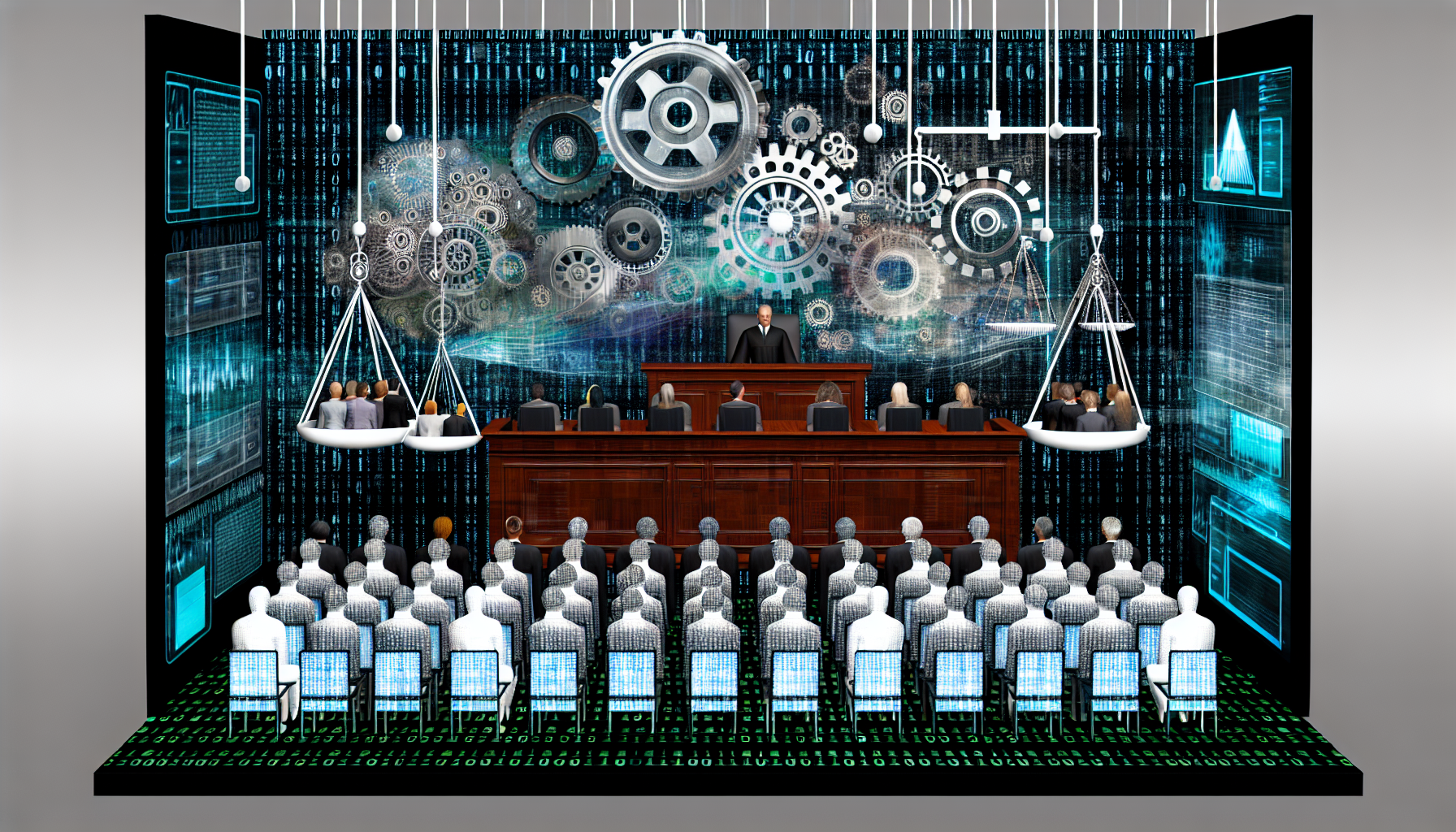 A courtroom with AI elements symbolizing the legal battle between OpenAI and The New York Times