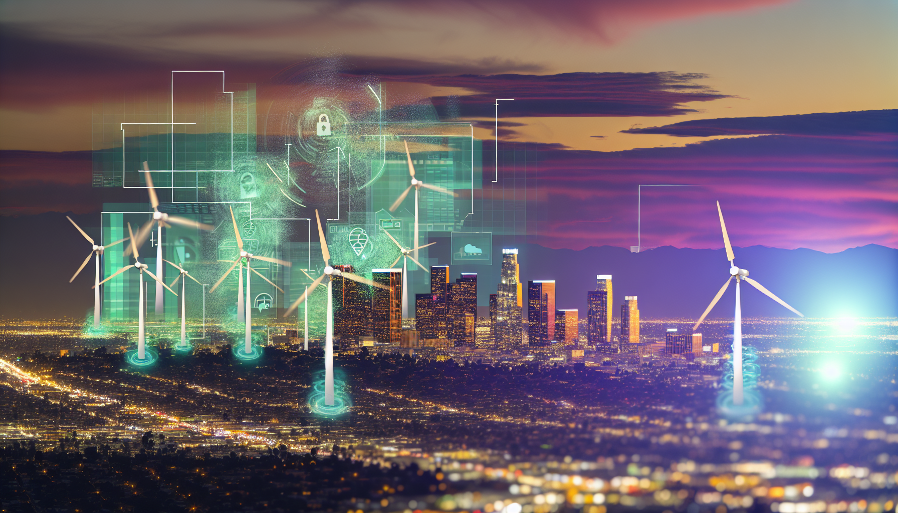 A skyline view of Los Angeles with smart buildings and digital overlays representing real estate technology