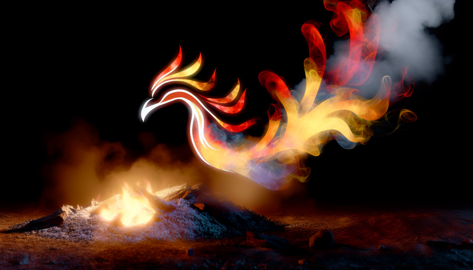A stylized phoenix rising from ashes, symbolizing resilience and change