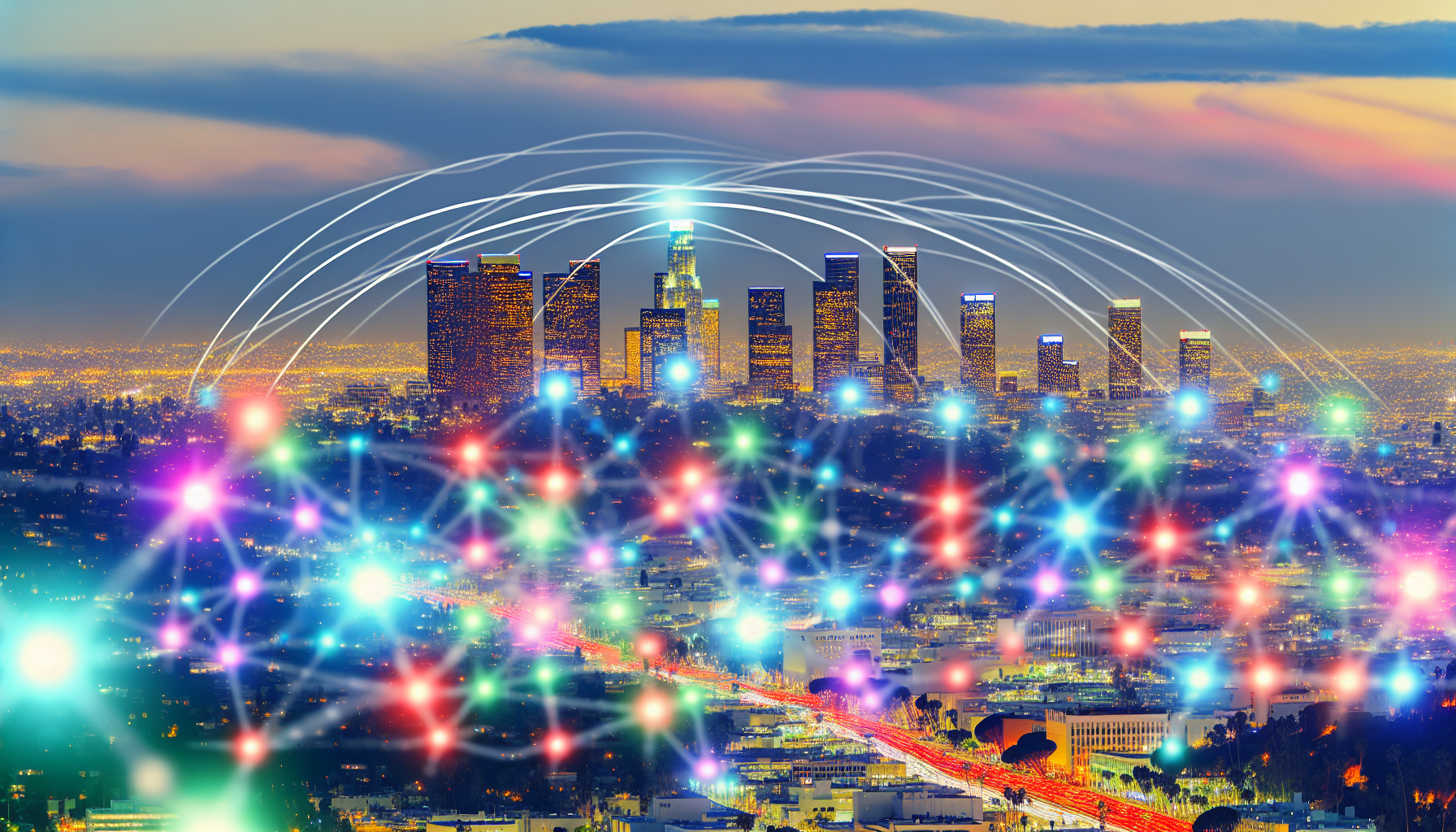 Los Angeles skyline with overlay of digital network nodes representing IoT