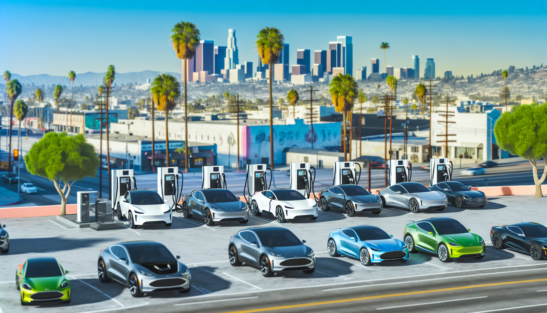 Electric vehicles charging at a station in Los Angeles