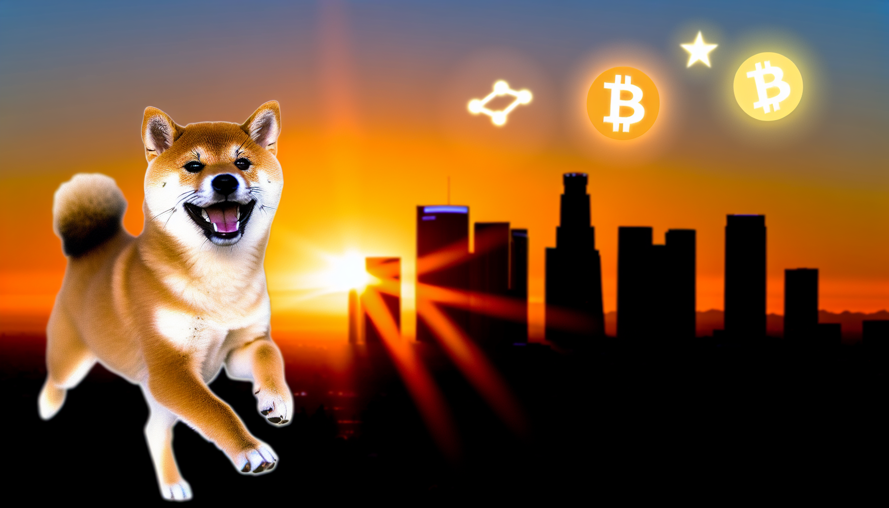 A playful Shiba Inu dog with a background of the Los Angeles skyline, symbolizing the Shiba Budz cryptocurrency