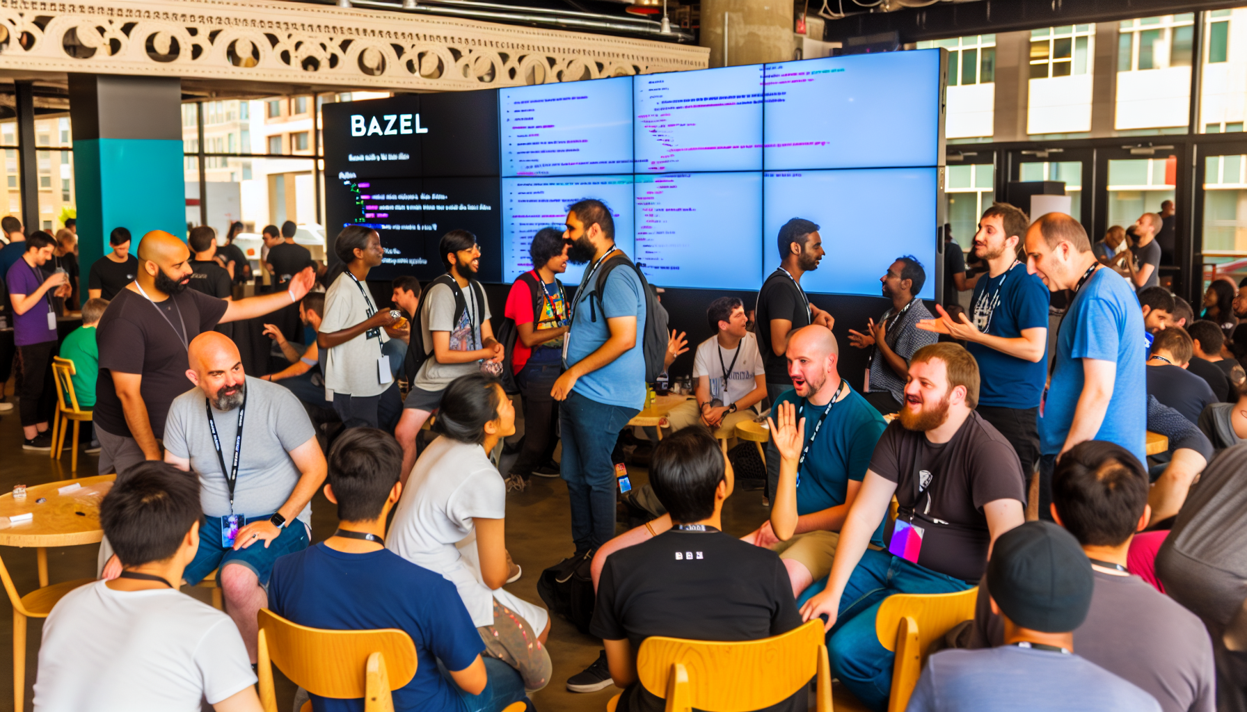 A vibrant tech community event in Los Angeles where developers are learning about Bazel