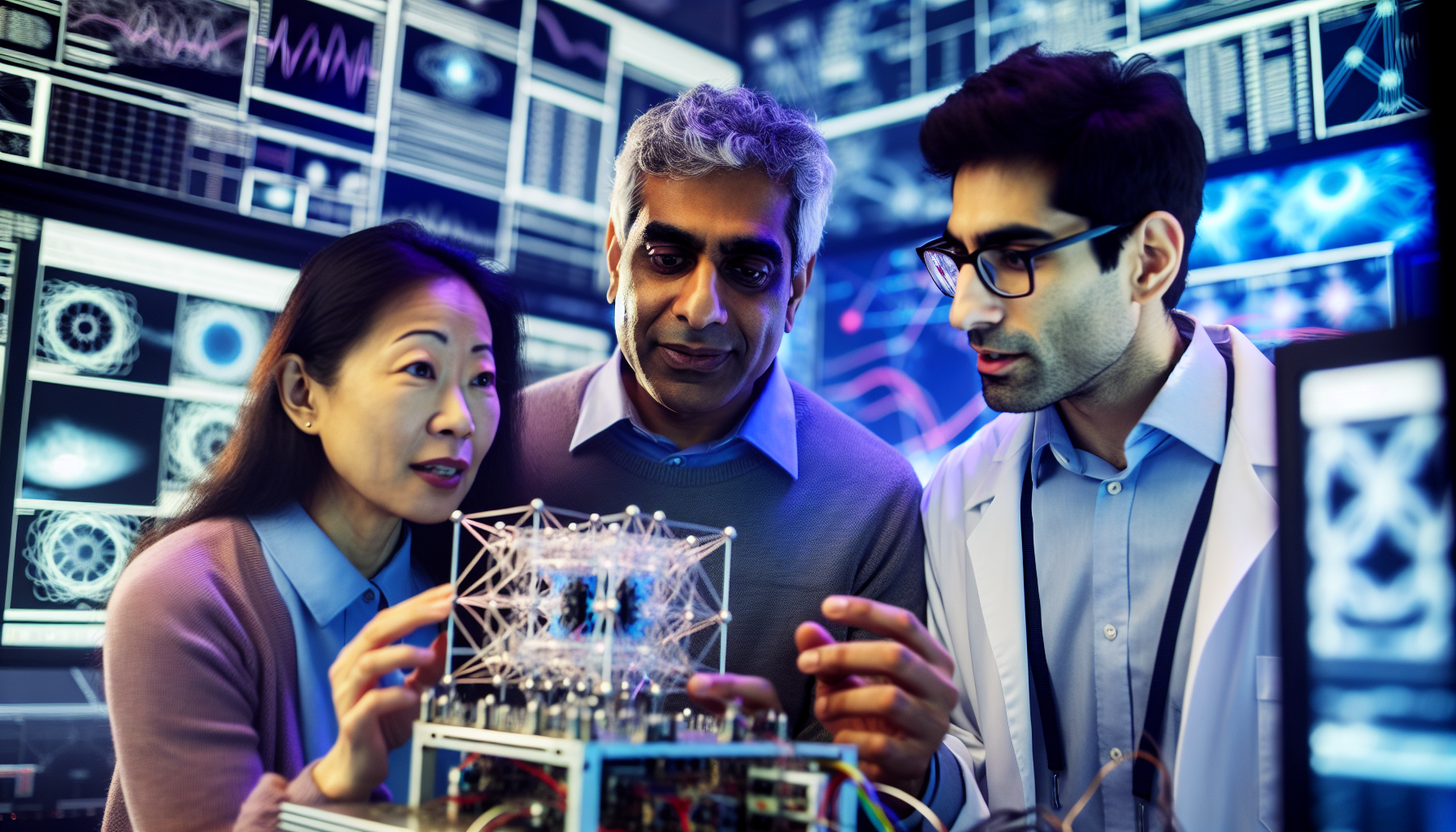 Scientists in a Los Angeles lab discussing over a quantum computing module