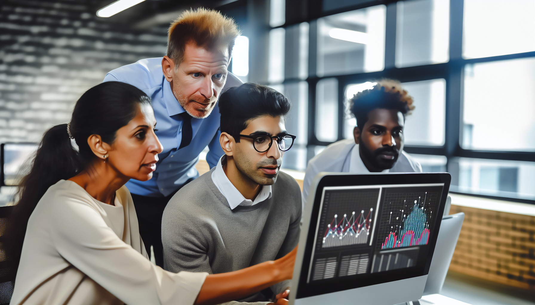 Photo of a team analyzing data charts on a computer