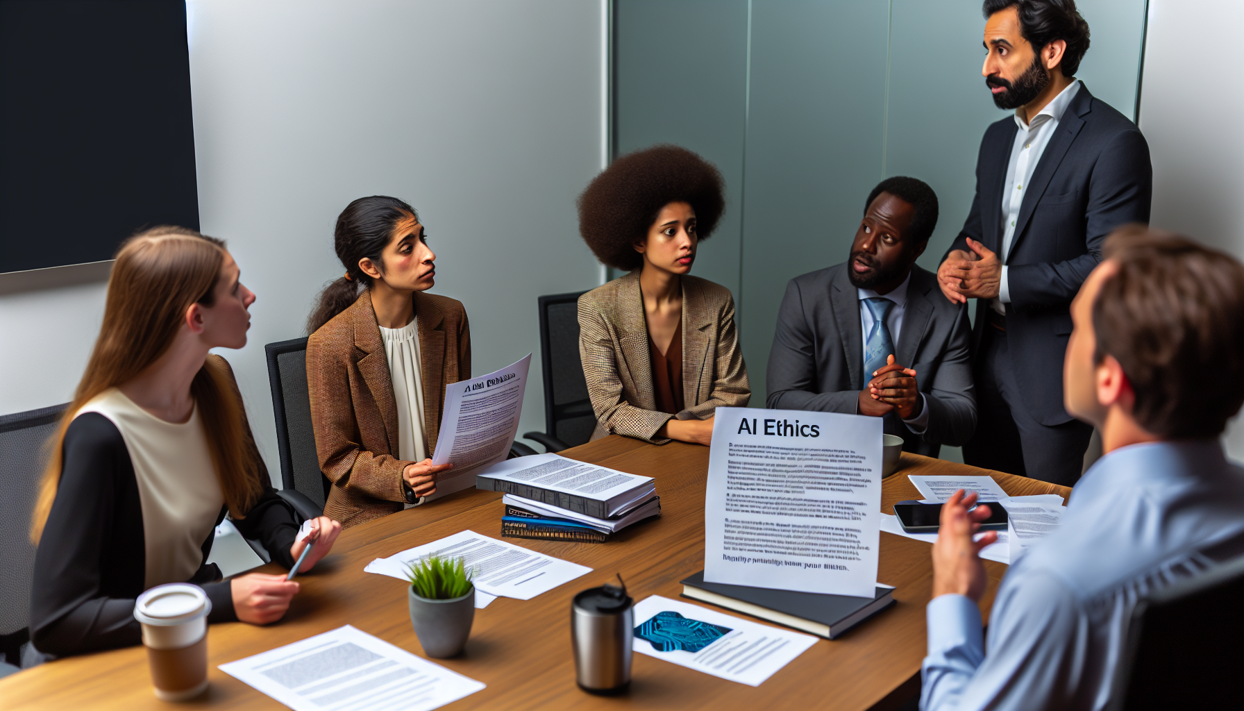 Professionals discussing AI Ethics and Privacy in a meeting