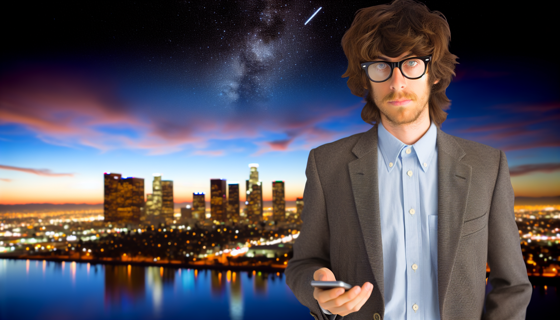 Sam Bankman-Fried against the backdrop of Los Angeles skyline