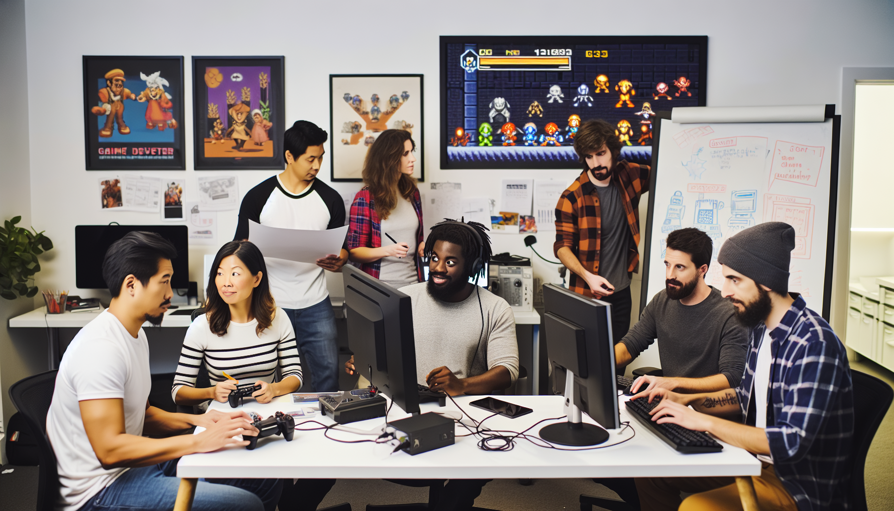 Team of developers collaborating on a game project