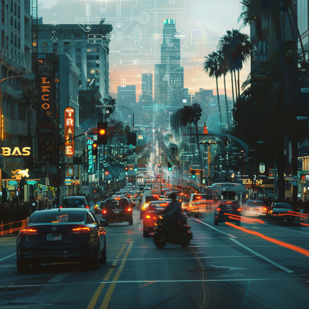 A bustling Los Angeles street with an overlay of futuristic navigation graphics