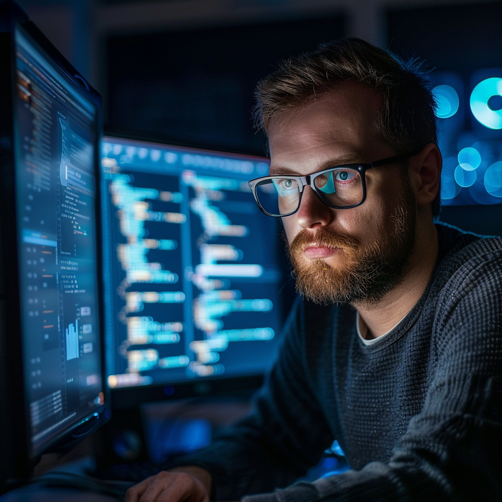 Cybersecurity professional analyzing threats on a computer screen