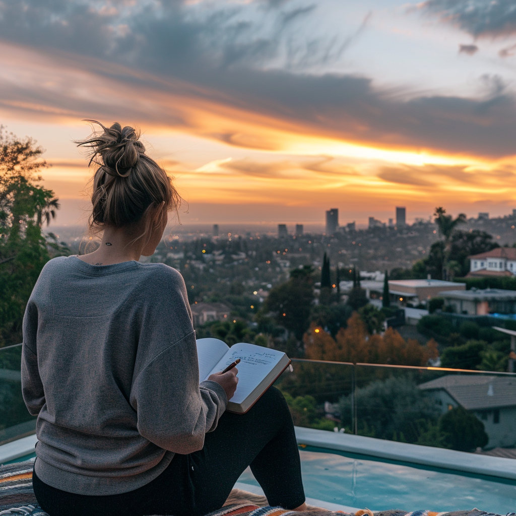 Person journaling in a serene Los Angeles setting