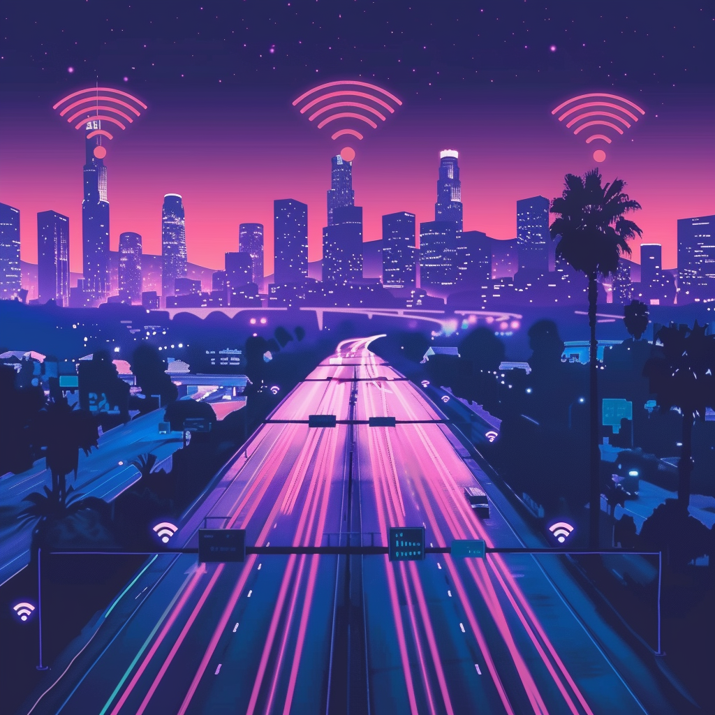 A vibrant graphic illustrating the concept of BiFi Bitcoin WiFi spreading across Los Angeles