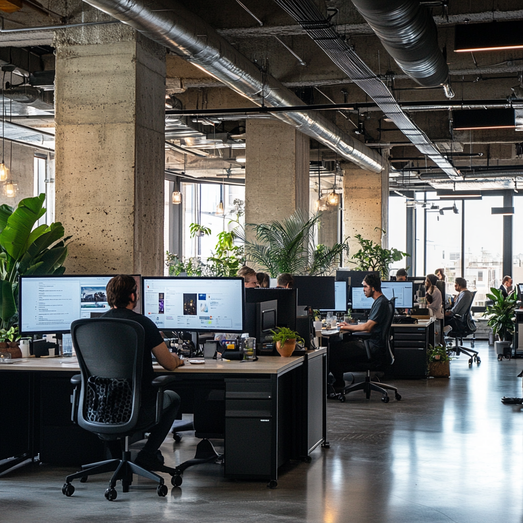 Bustling Los Angeles tech office with AI software on screens, focusing on Cut Through the innovation and collaboration.