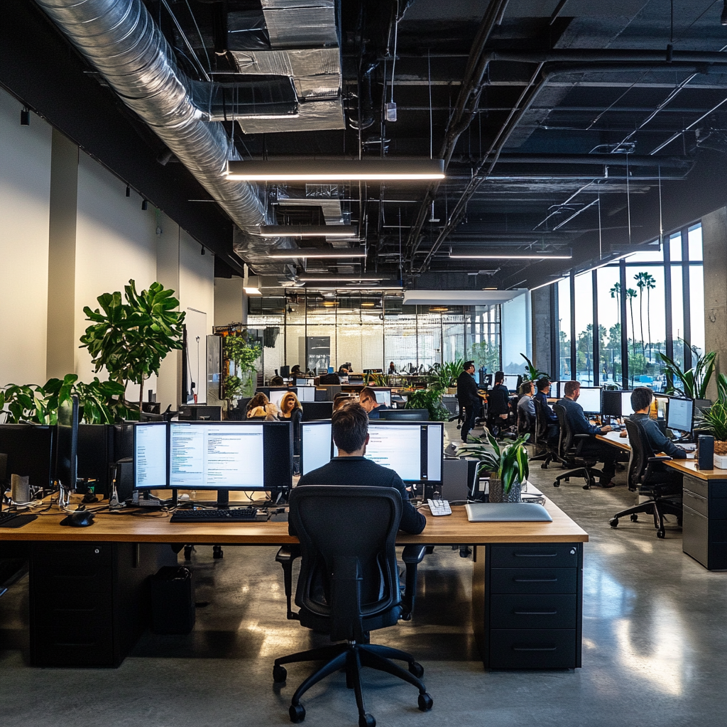 Developers in a busy Los Angeles tech office collaborating on AI-driven projects, focusing - Harnessing Next-Gen AI: