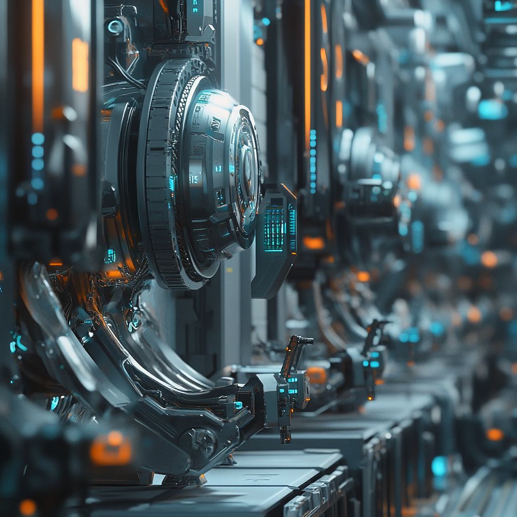 Futuristic AI factory with robotic arms and digital interfaces, highlighting the concept of Leveraging AI Factories.