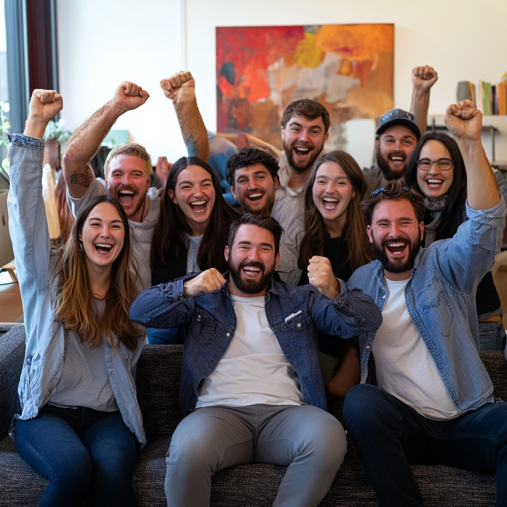Los Angeles tech startup team celebrating success, embodying the concept of Cultivating Joy in their achievements.