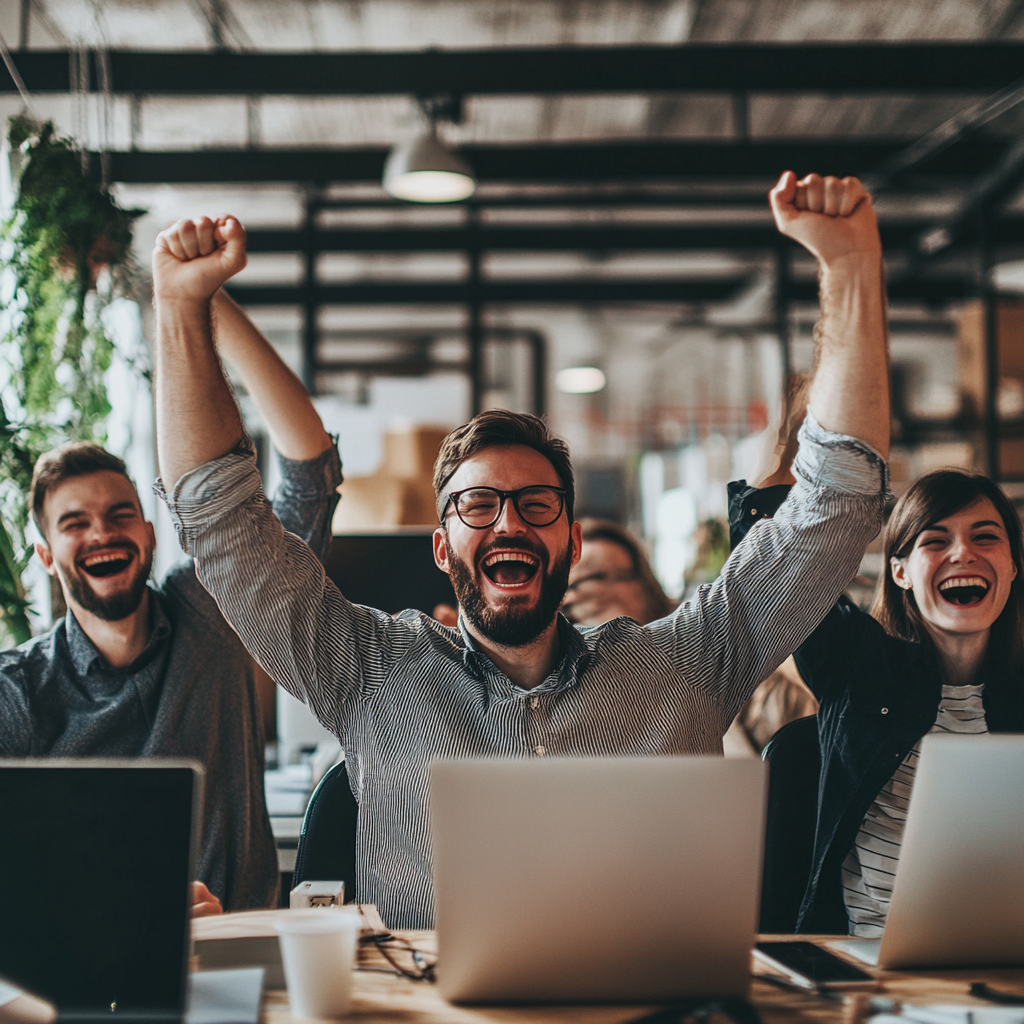 Successful tech startup team celebrates growth milestones, embodying the principles of Beyond Code: How in their journey.