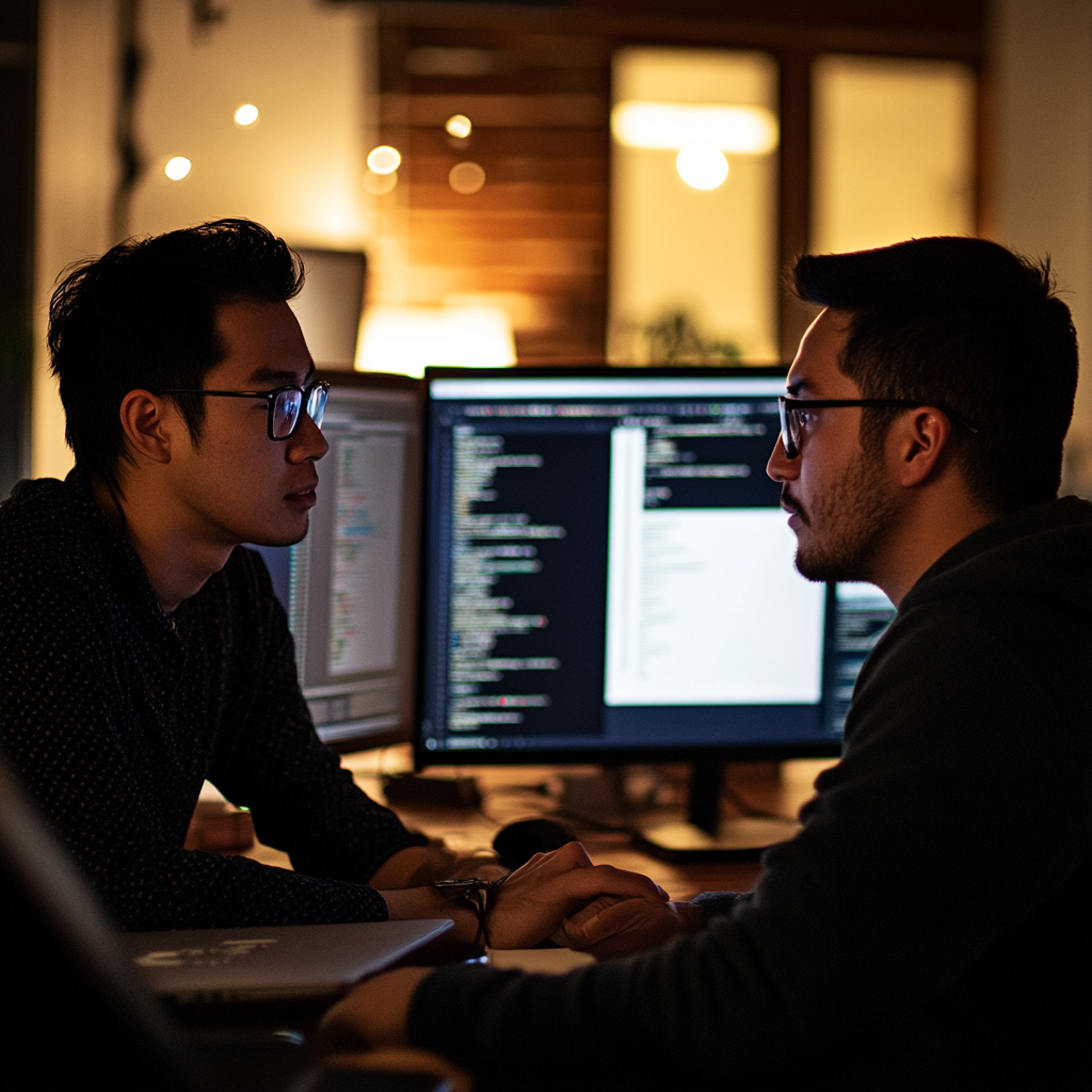 Developers discussing security protocols, emphasizing Securing Business Resilience: in a collaborative office setting.