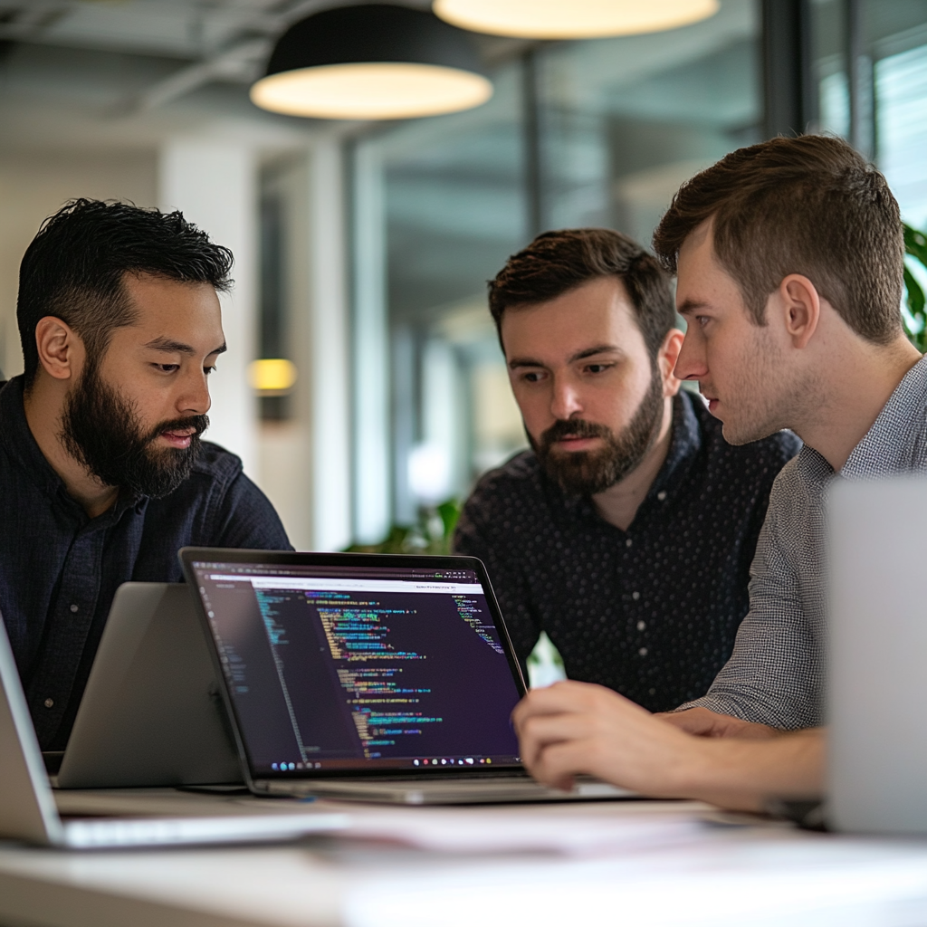 Developers collaborating on AI models to Accelerate Business Growth, enhancing innovation and efficiency in a modern office.