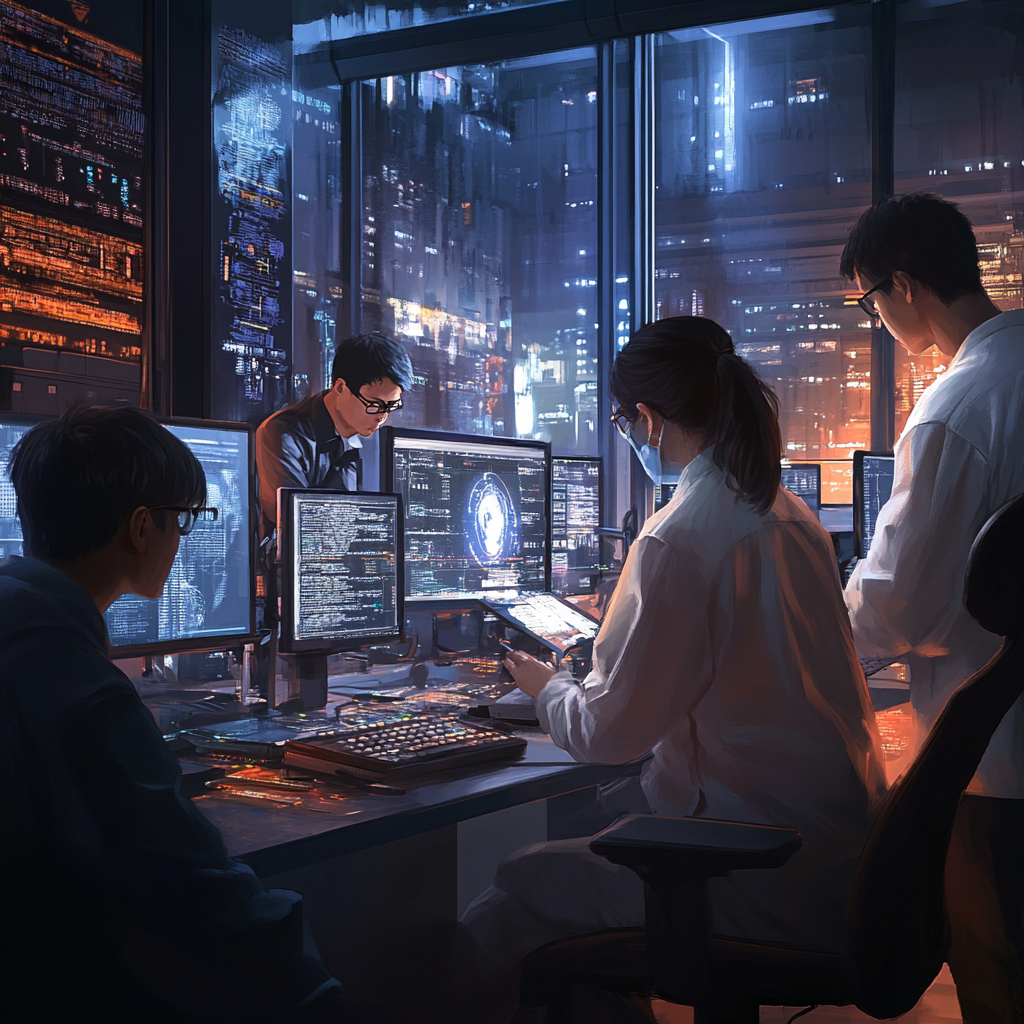 Developers collaborating on AI software in an office, focusing on the Patient Zero in project for innovative solutions.