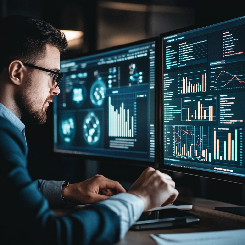 Business executive analyzing data on custom software dashboard, focusing on "From Code to" insights for strategic decisions.