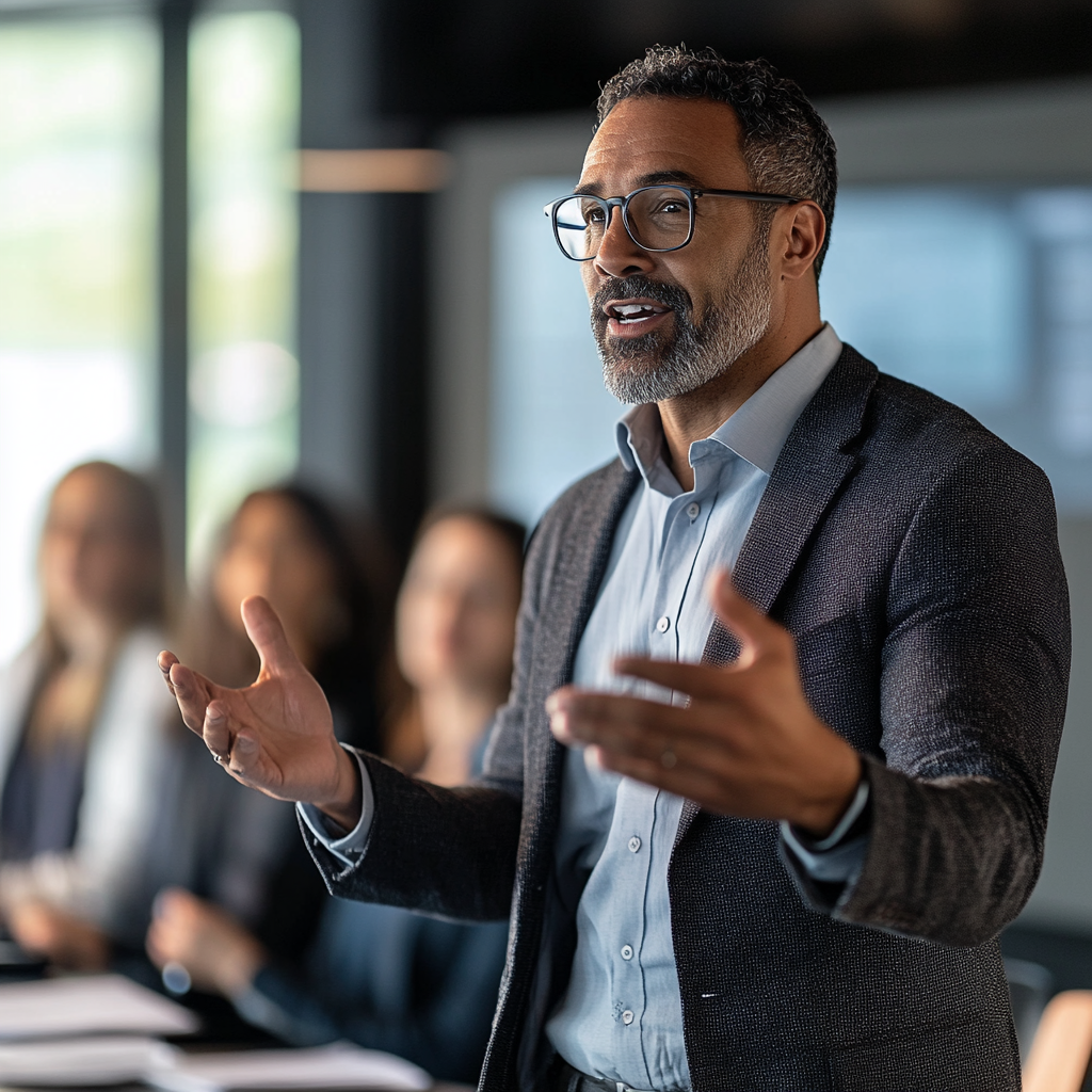 Business leader hosting "From Boardroom to" public speaking workshop for tech leaders in Los Angeles.