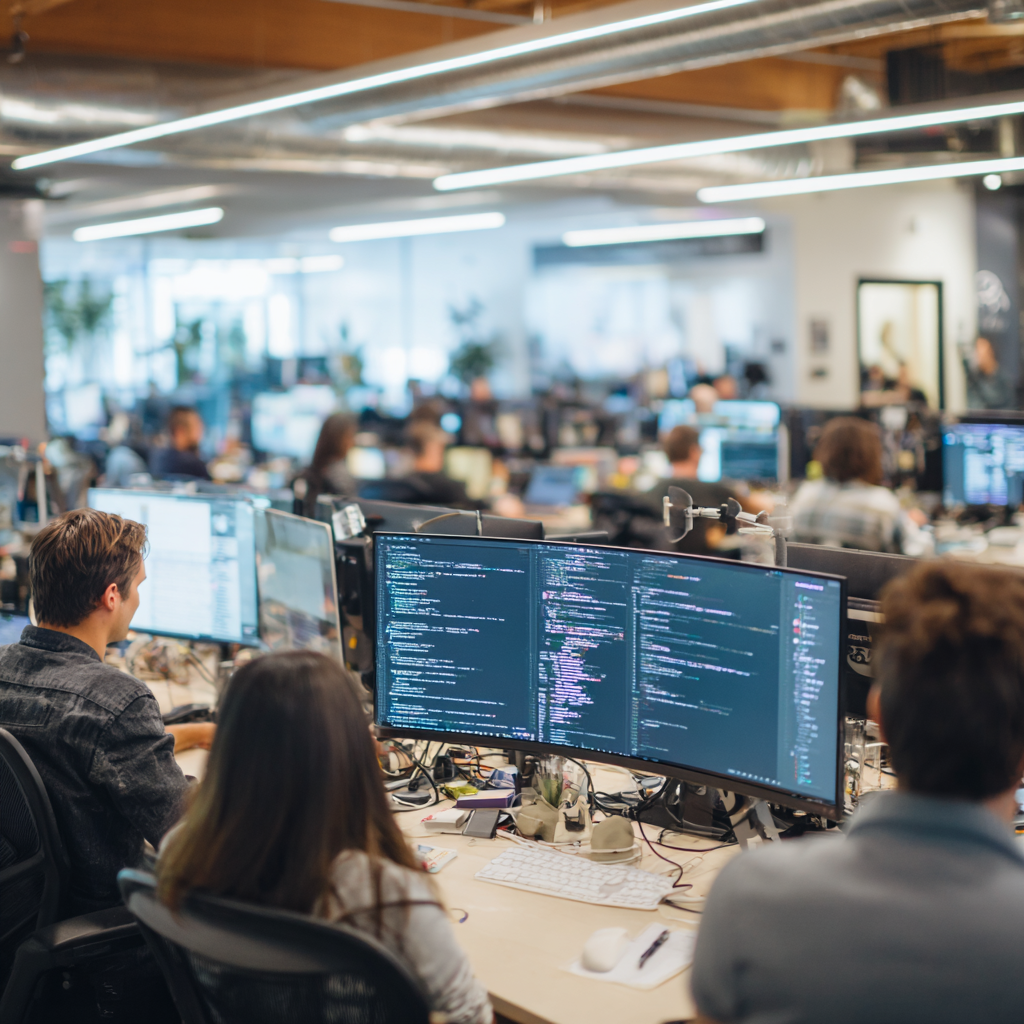 Teams collaborating in a bustling Los Angeles tech office on Decoding MLOps for innovative project solutions.