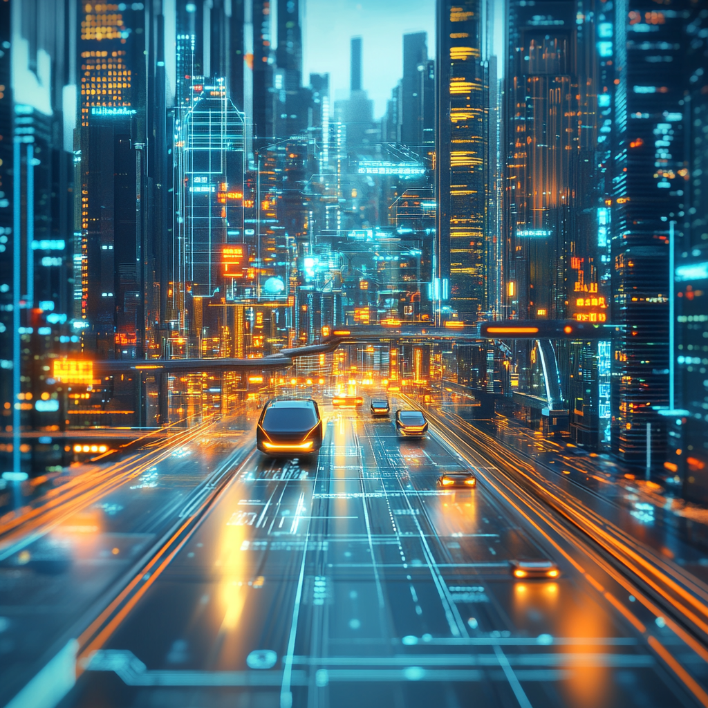 Futuristic cityscape with autonomous vehicles smoothly operating, highlighting Navigating the Autonomous concept.