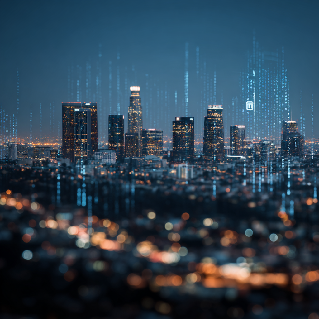 Los Angeles skyline with digital security icons overlayed, highlighting tech integration and security from Stack Overflow.